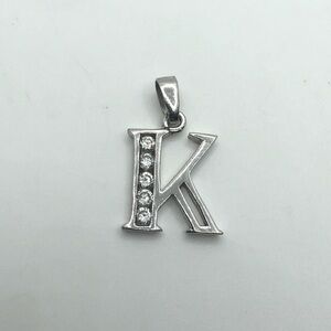 Vtg Sterling Letter K Monogram Pendant w Channel Set CZ Stones 1” x .6”